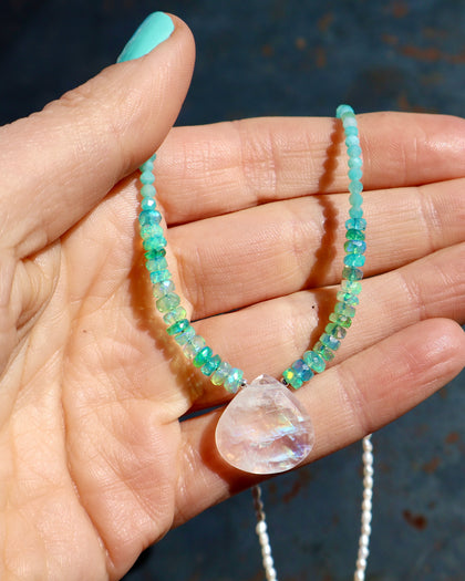 Rainbow Moonstone, Opal, Amazonite & Pearl Beaded Necklace