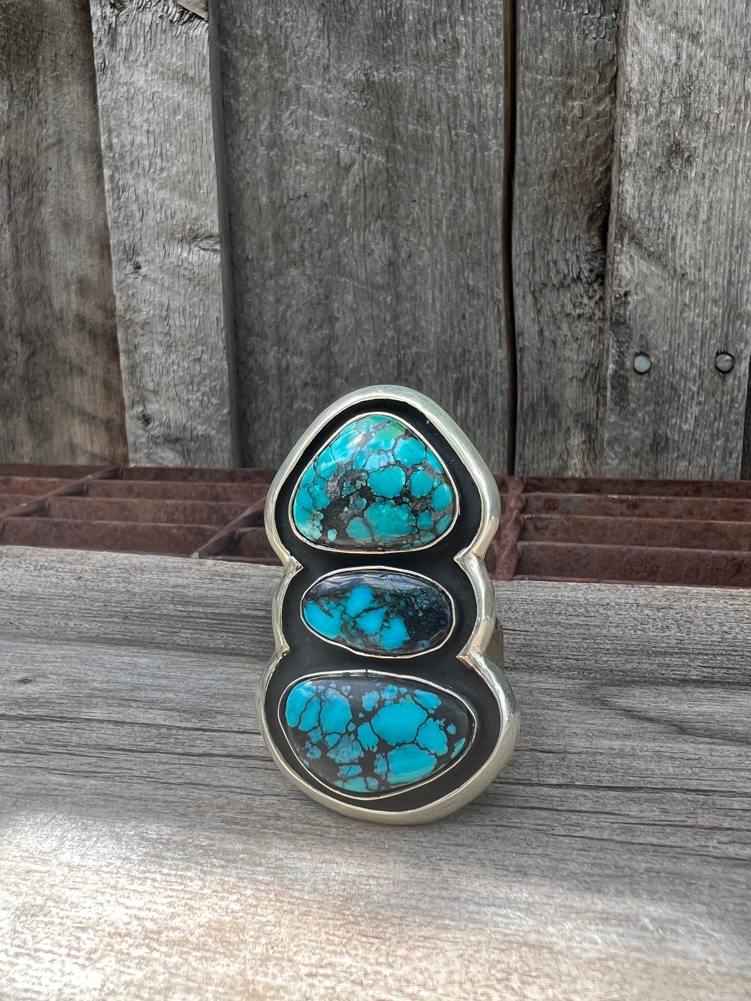 Triple Turquoise Ring in Sterling Silver Adjustable Band #121