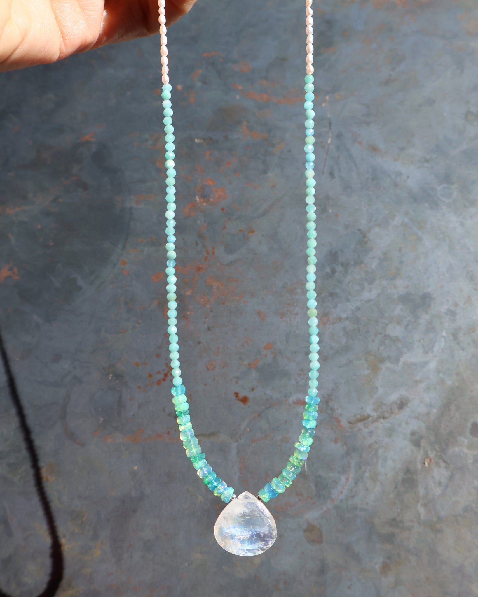 Rainbow Moonstone, Opal, Amazonite & Pearl Beaded Necklace wt40