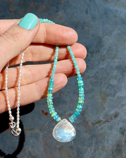 Rainbow Moonstone, Opal, Amazonite & Pearl Beaded Necklace