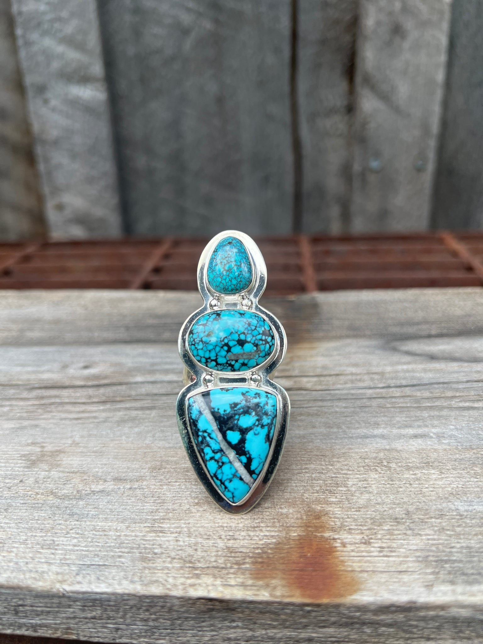 Cloud Mountain Turquoise Triple Stone Ring in Sterling Silver #125