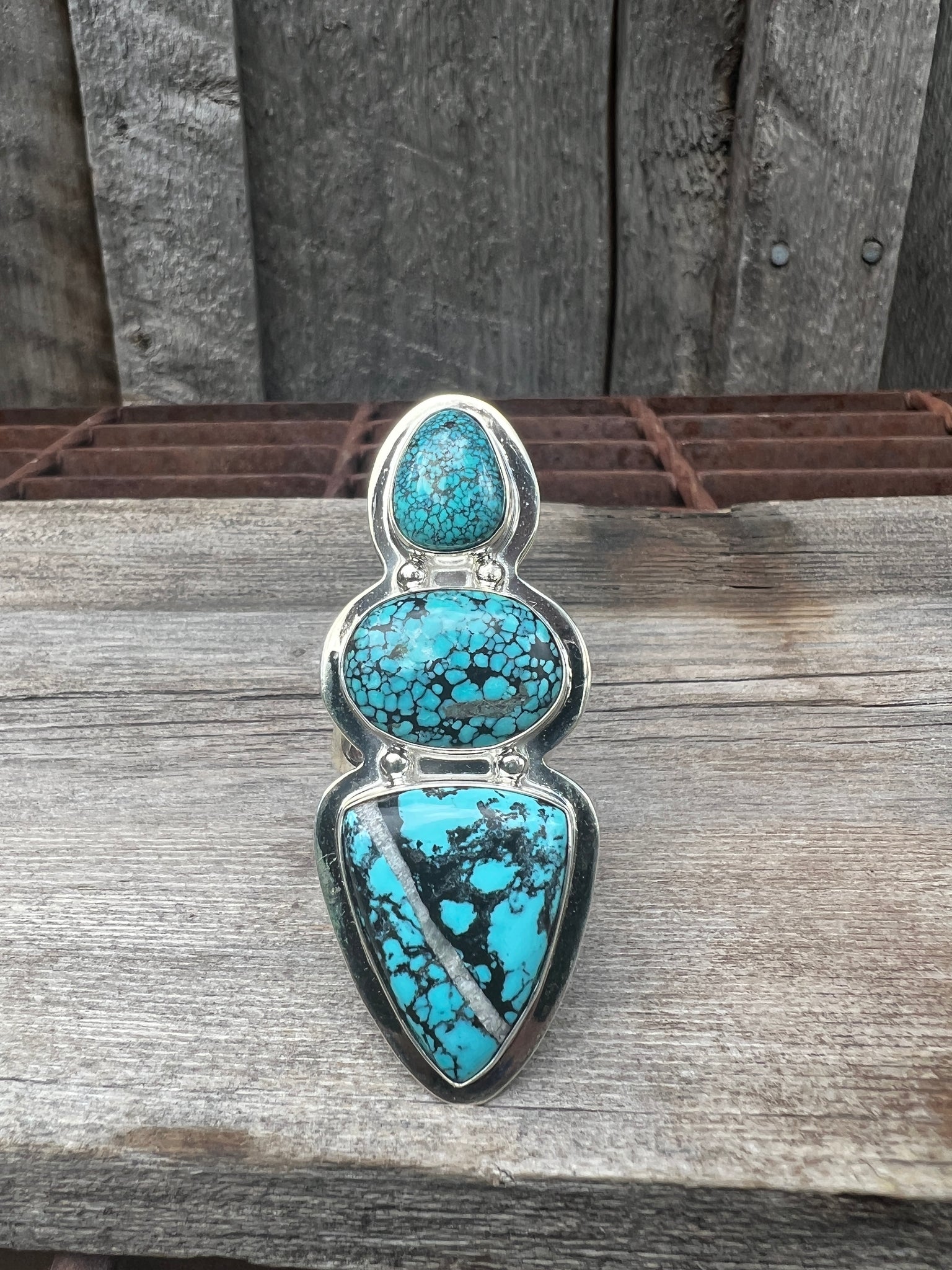 Cloud Mountain Turquoise Triple Stone Ring in Sterling Silver #125
