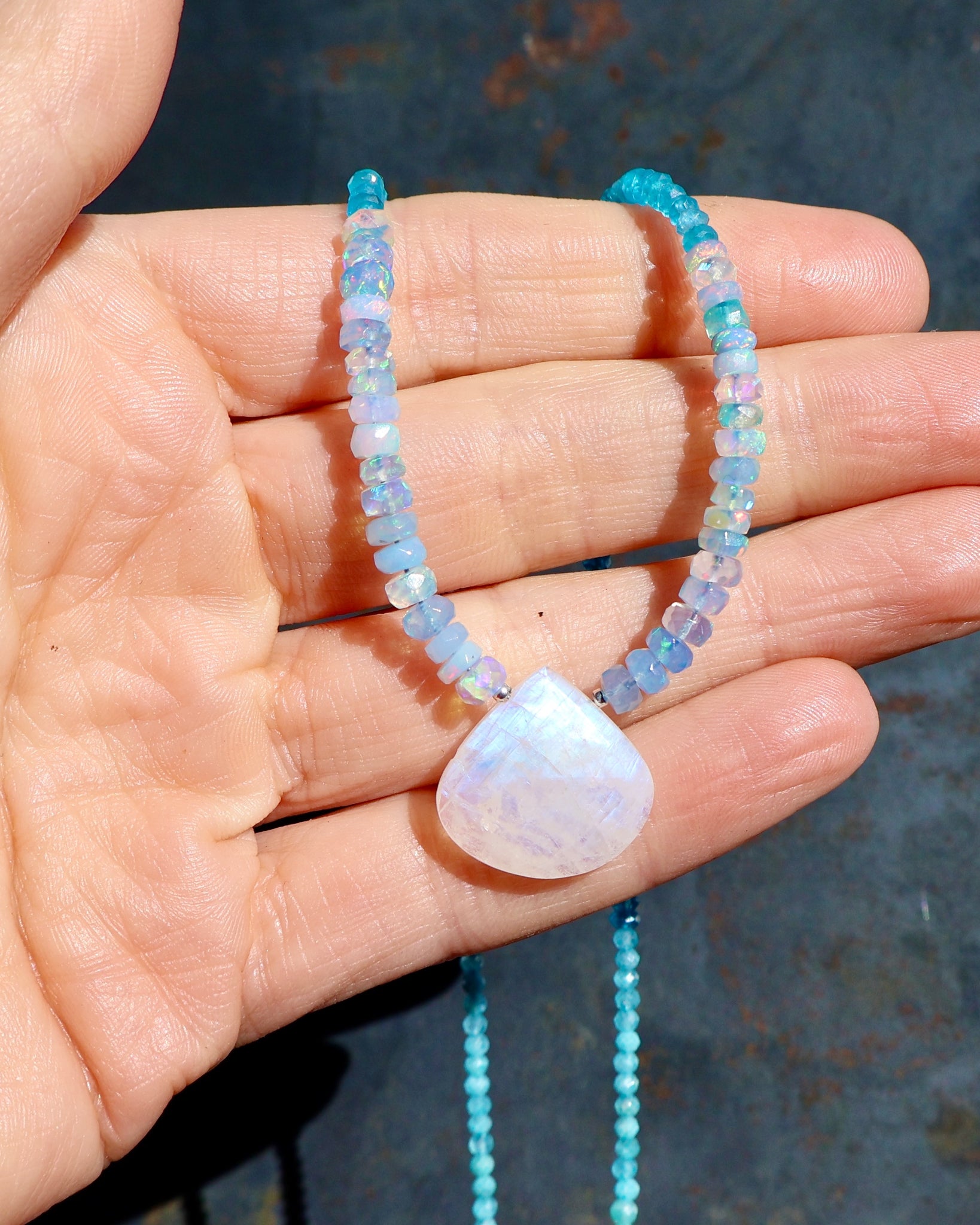 Rainbow Moonstone, Ethiopian Opal, Neon Apatite & Amazonite Beaded Necklace wt43