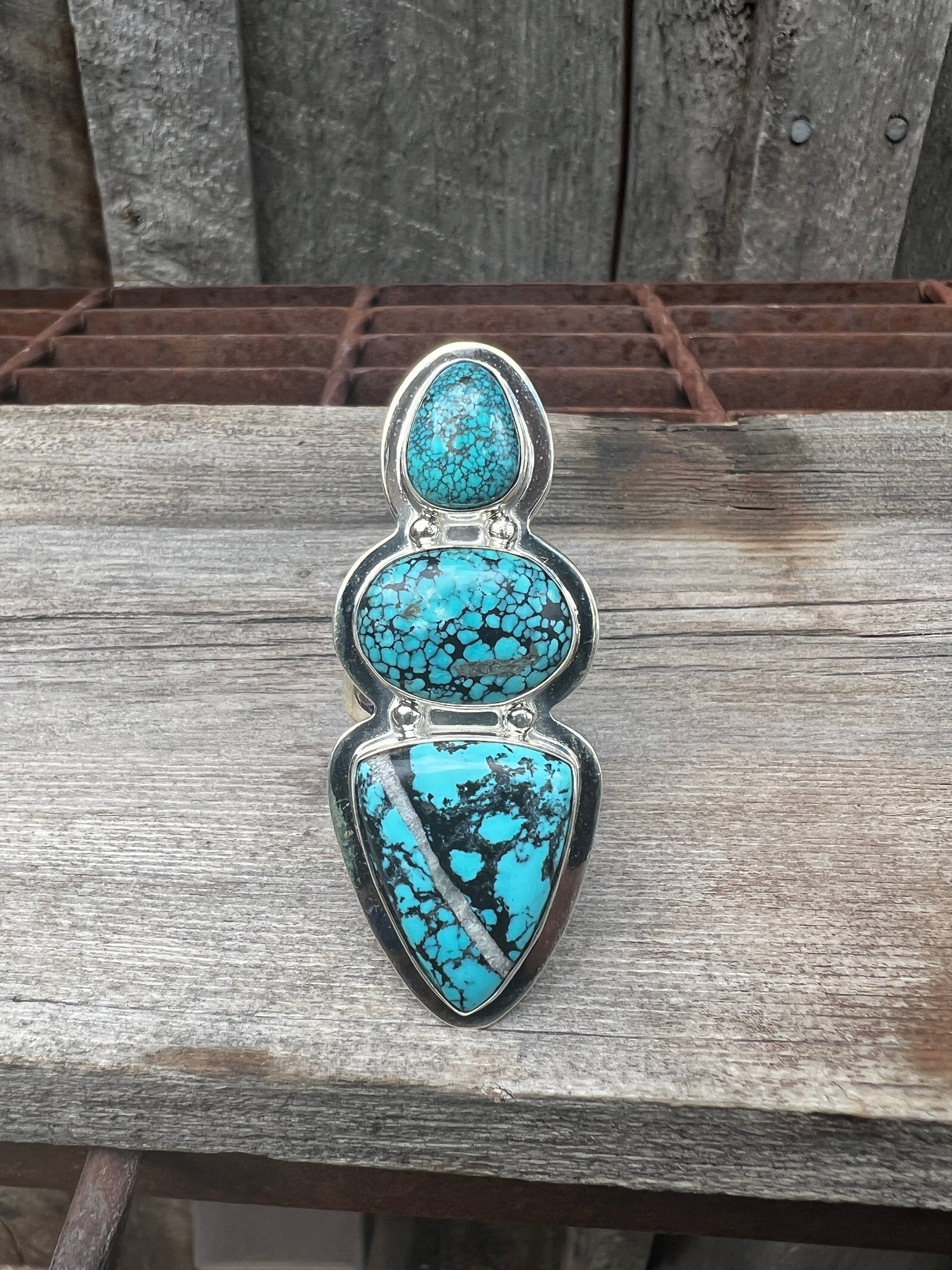 Cloud Mountain Turquoise Triple Stone Ring in Sterling Silver #125