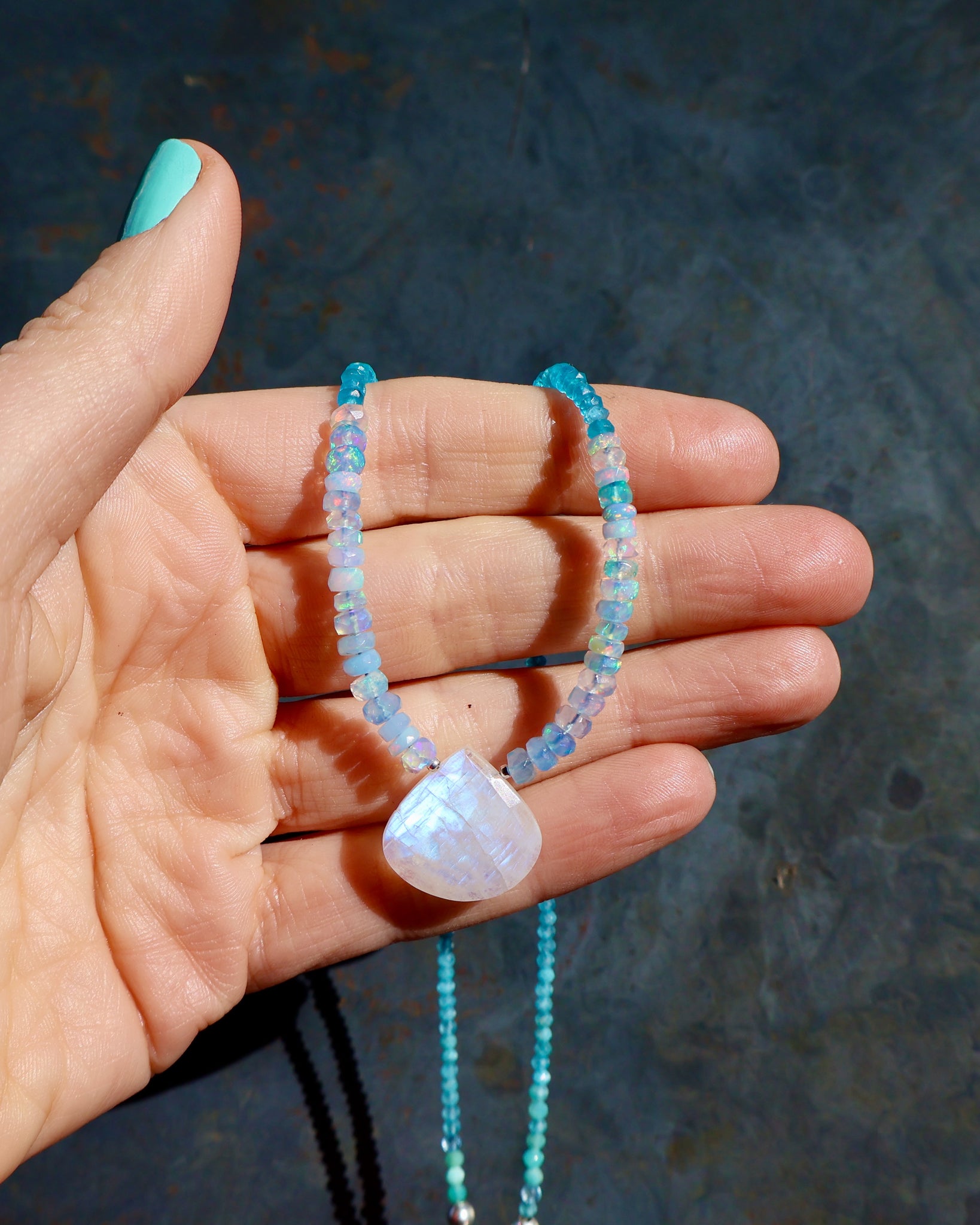 Rainbow Moonstone, Ethiopian Opal, Neon Apatite & Amazonite Beaded Necklace wt43