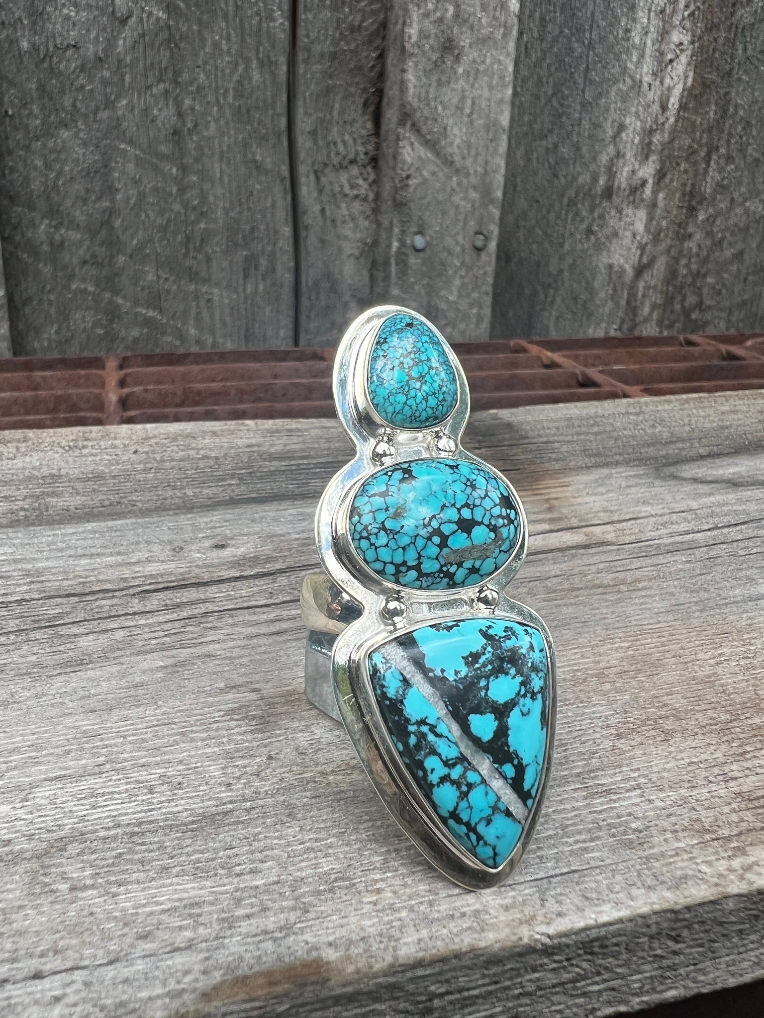 Cloud Mountain Turquoise Triple Stone Ring in Sterling Silver #125