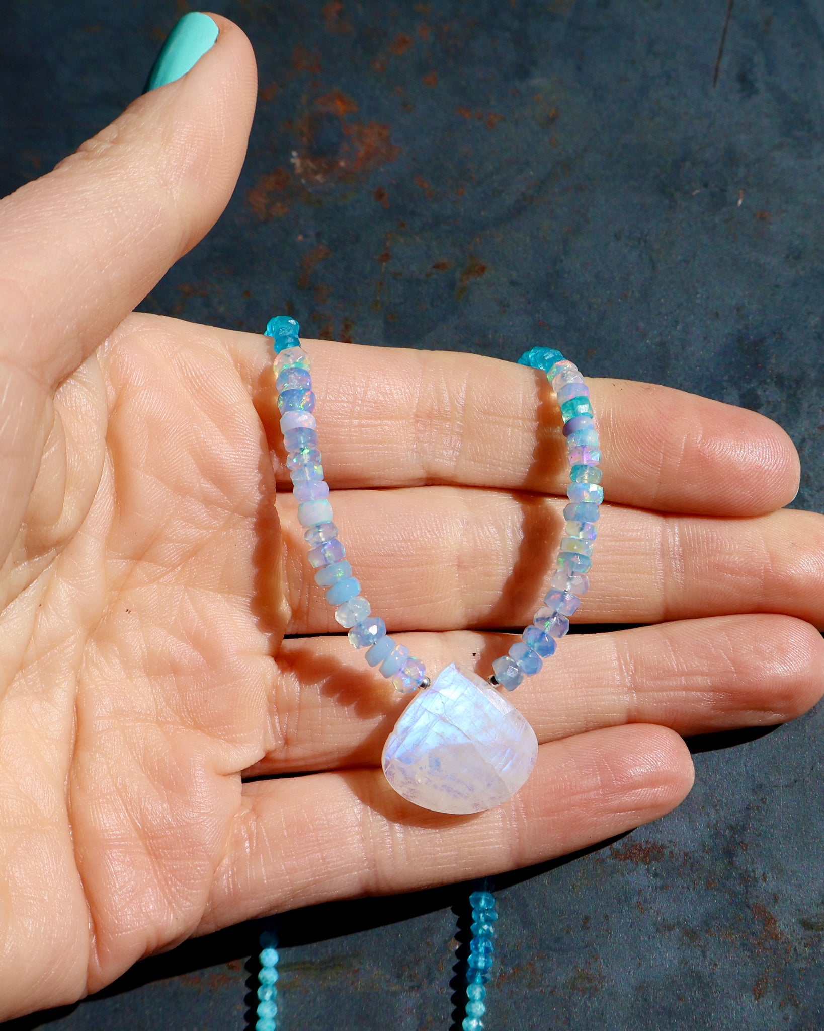 Rainbow Moonstone, Ethiopian Opal, Neon Apatite & Amazonite Beaded Necklace wt43