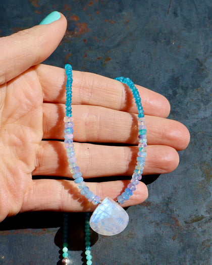 Rainbow Moonstone, Ethiopian Opal, Neon Apatite & Amazonite Beaded Necklace