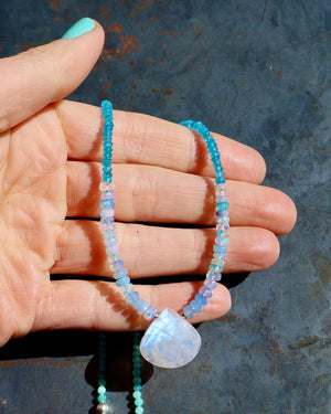 Rainbow Moonstone, Ethiopian Opal, Neon Apatite & Amazonite Beaded Necklace wt43