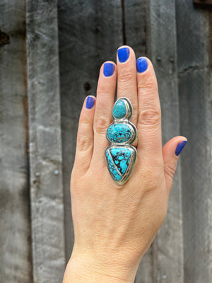 Cloud Mountain Turquoise Triple Stone Ring in Sterling Silver #125