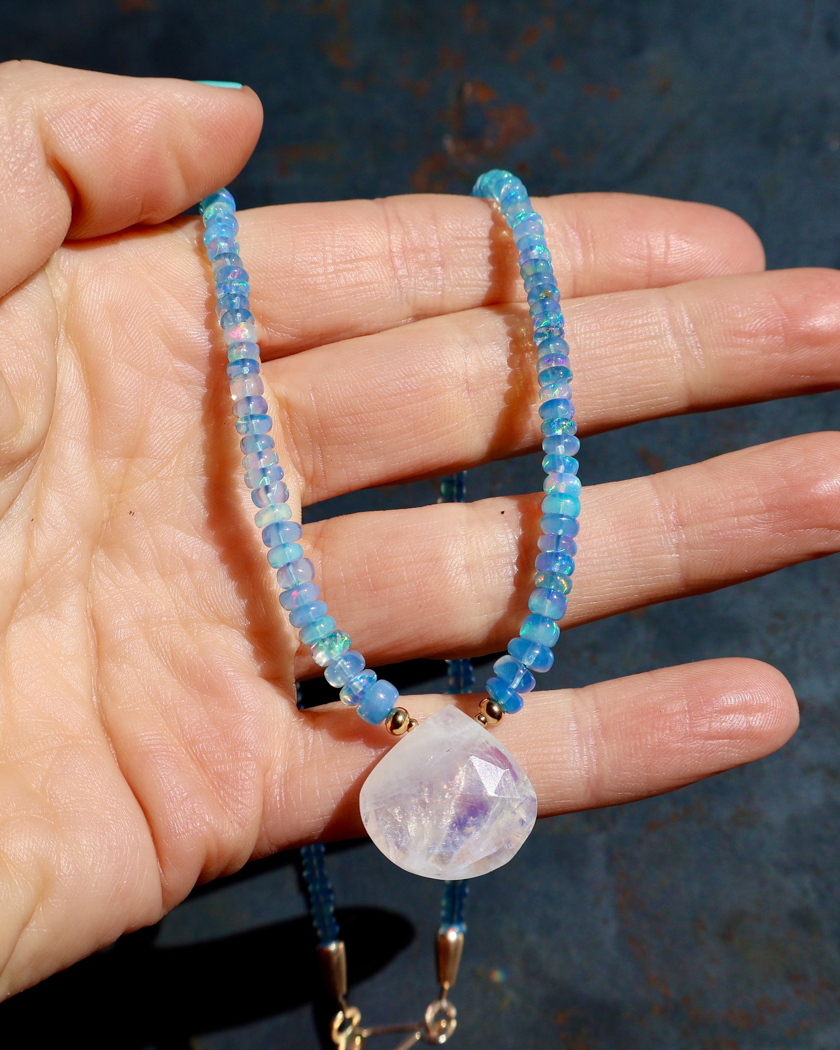 Rainbow Moonstone, Blue Ethiopian Opal Beaded Necklace wt44