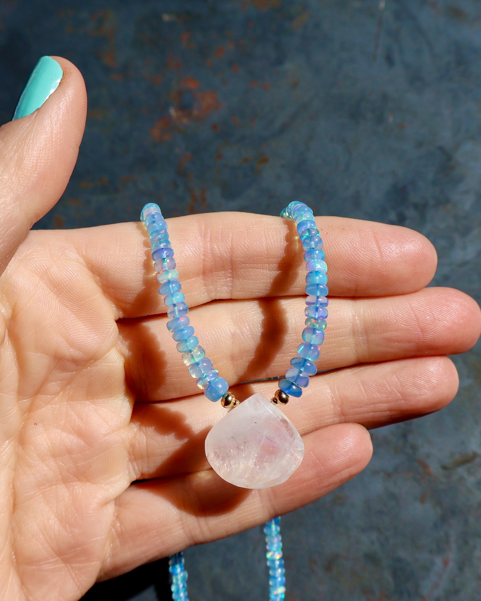 Rainbow Moonstone, Blue Ethiopian Opal Beaded Necklace wt44