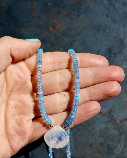 Rainbow Moonstone, Blue Ethiopian Opal Beaded Necklace
