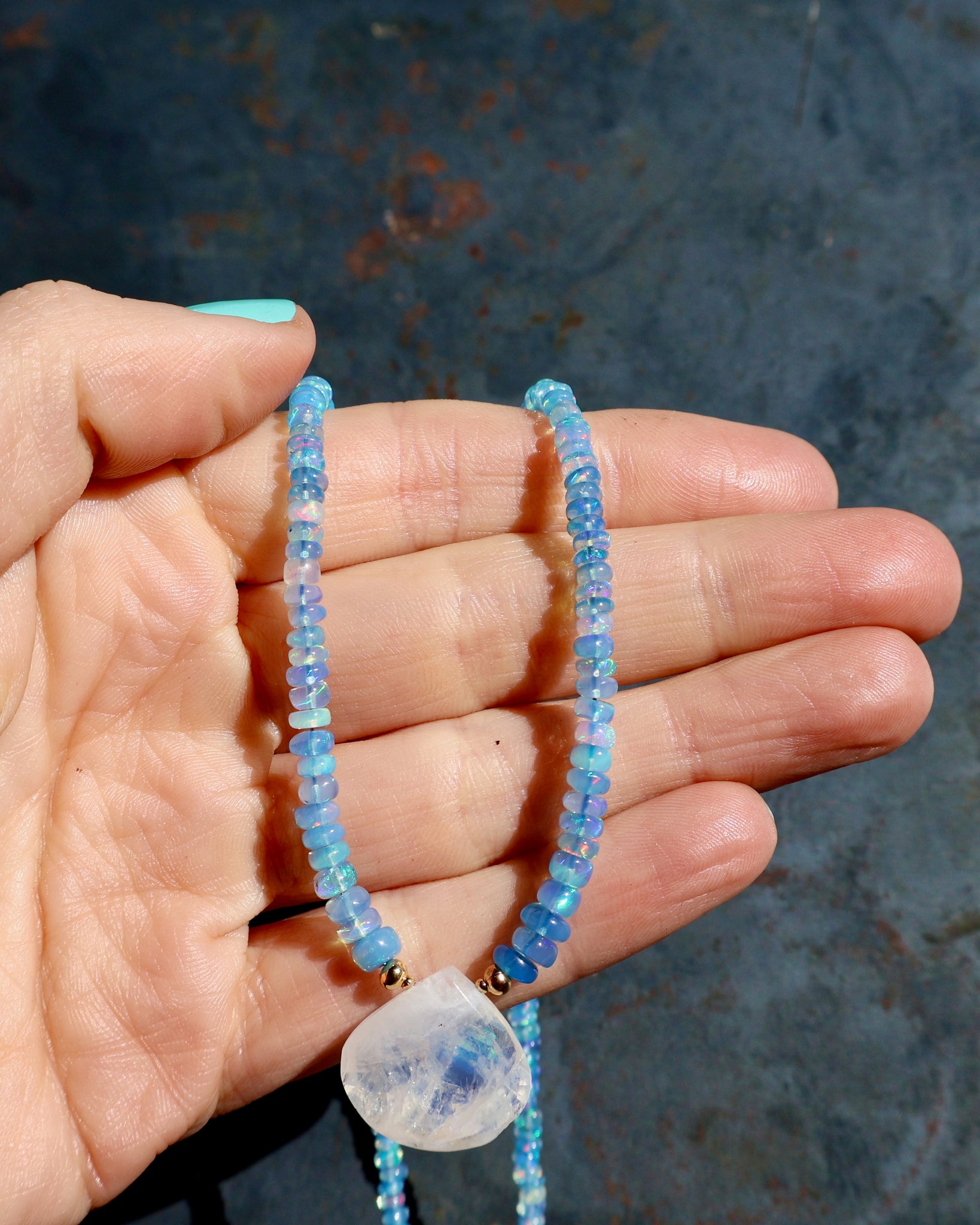 Rainbow Moonstone, Blue Ethiopian Opal Beaded Necklace wt44