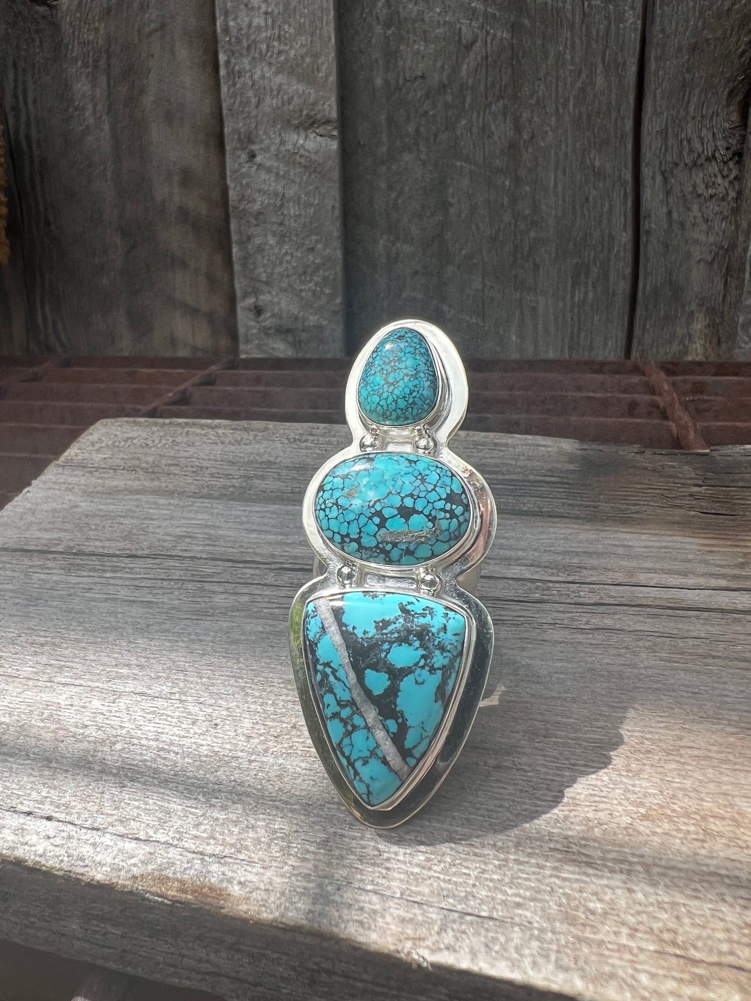 Cloud Mountain Turquoise Triple Stone Ring in Sterling Silver #125