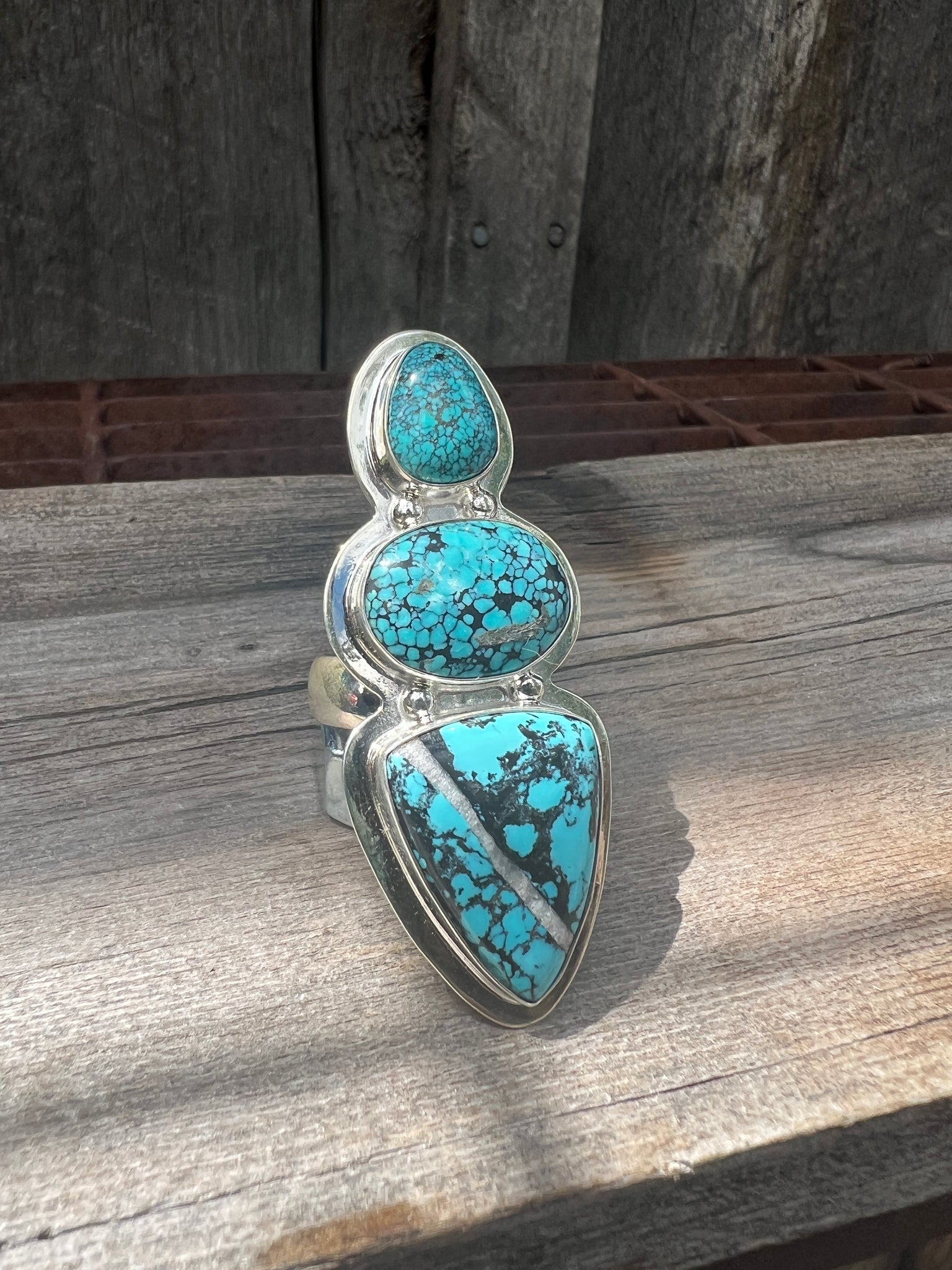 Cloud Mountain Turquoise Triple Stone Ring in Sterling Silver #125