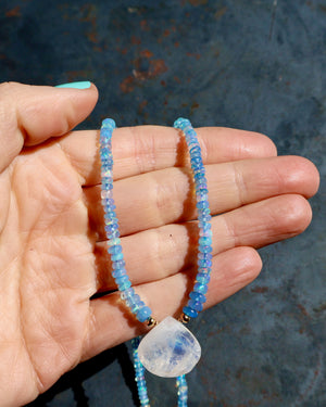 Rainbow Moonstone, Blue Ethiopian Opal Beaded Necklace wt44