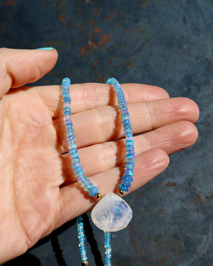 Rainbow Moonstone, Blue Ethiopian Opal Beaded Necklace wt44