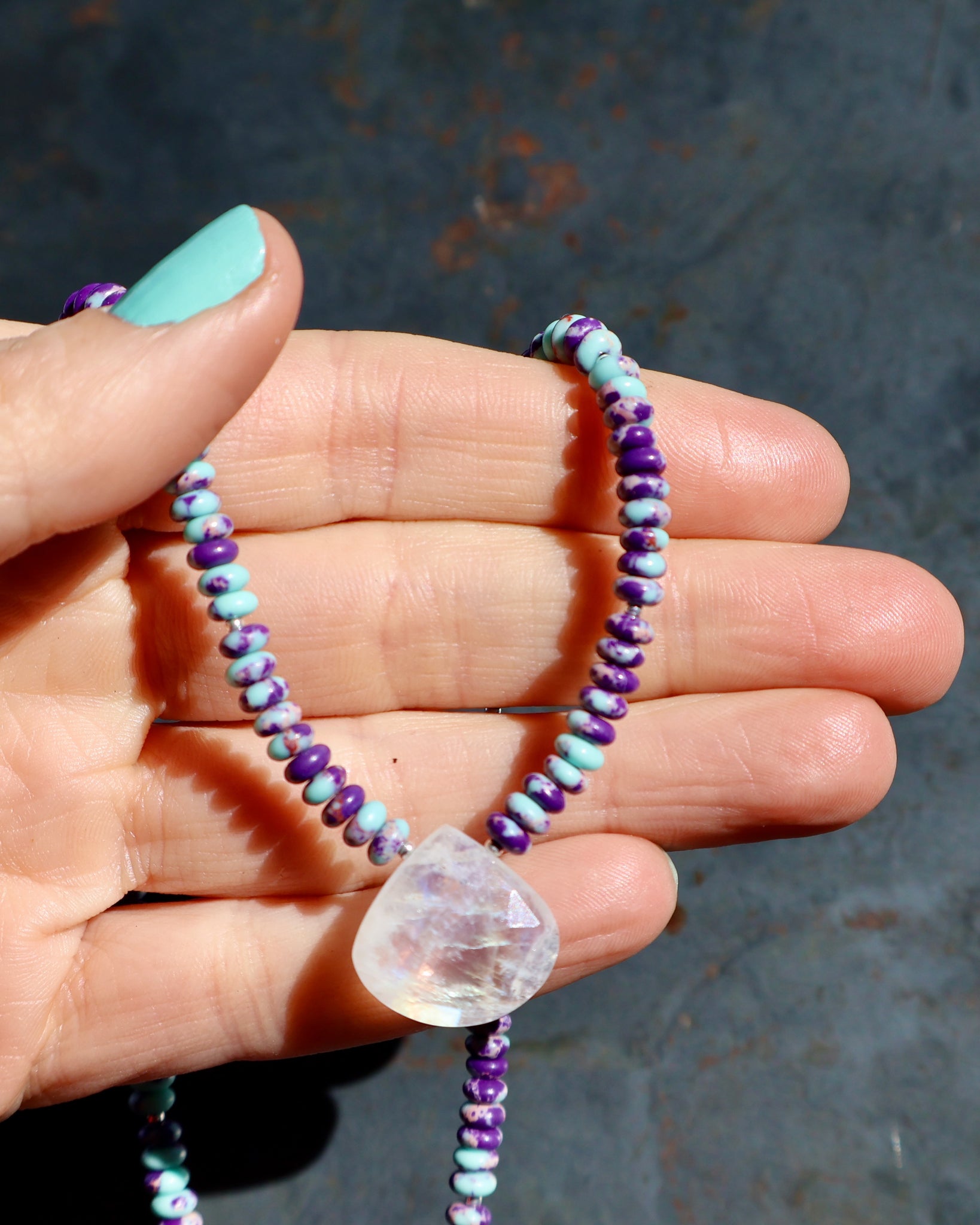 Rainbow Moonstone & Purple Mojave Turquoise Beaded Necklace wt45