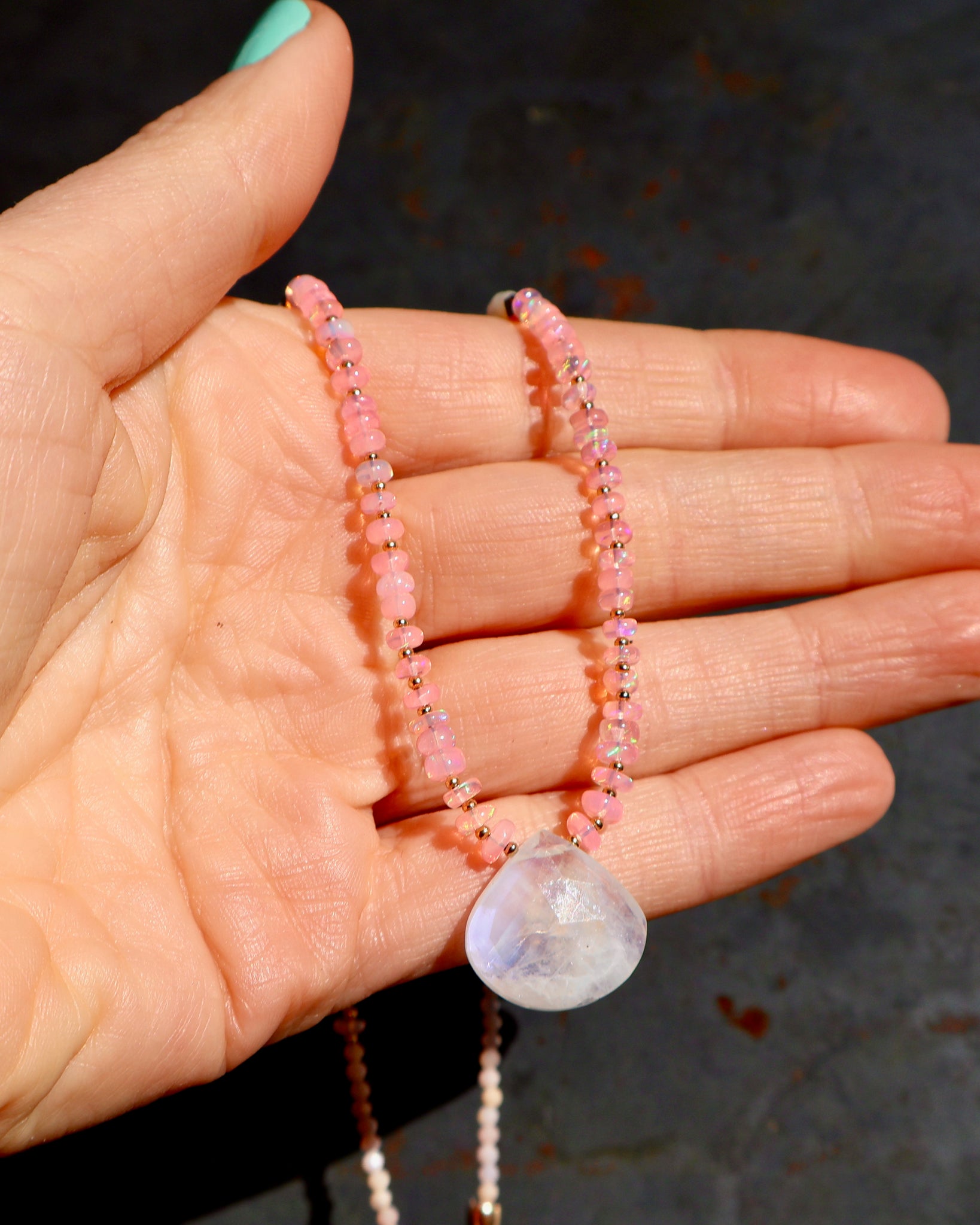 Rainbow Moonstone & Pink Ethiopian Opal, Gold Fill Beads and Pearls Beaded Necklace wt46