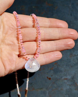 Rainbow Moonstone & Pink Ethiopian Opal, Gold Fill Beads and Pearls Beaded Necklace wt46