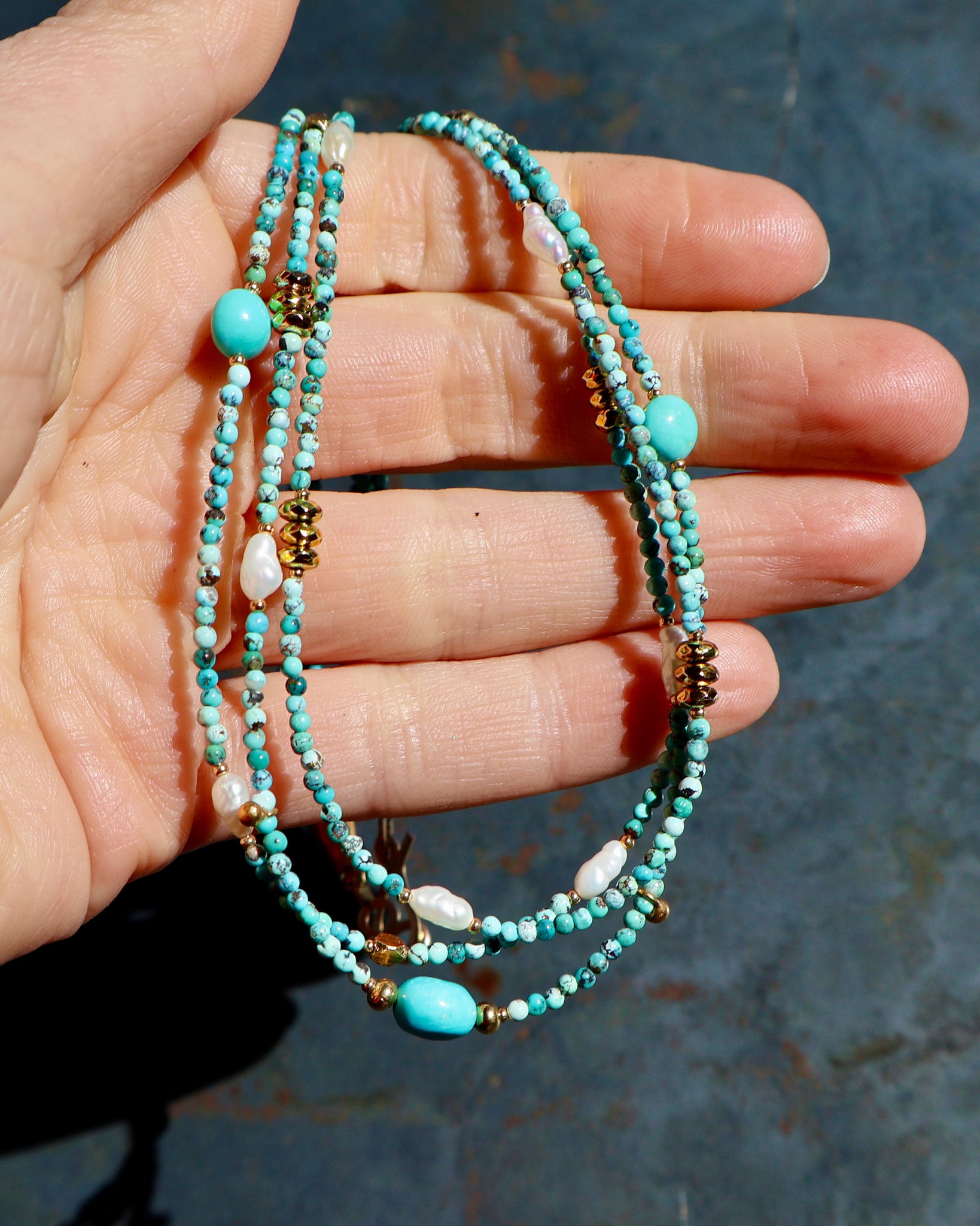 Triple Layer Turquoise, Pearl & Gold Fill Beaded Necklace