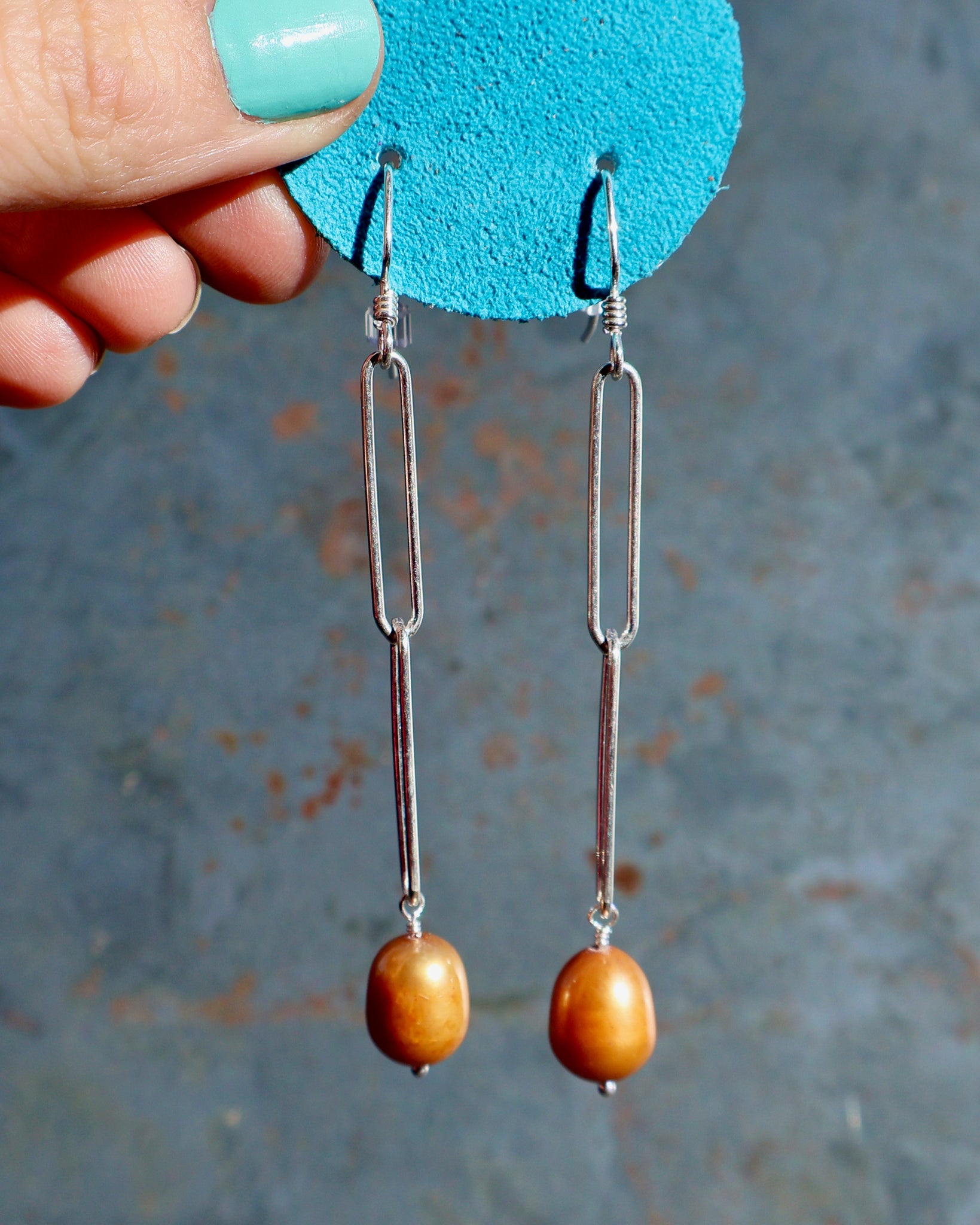 Winter Thaw  Orange Pearl & Sterling Silver Paperclip Chain Earrings