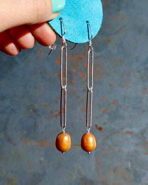 Winter Thaw  Orange Pearl & Sterling Silver Paperclip Chain Earrings