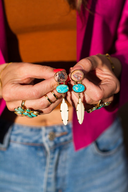 Boheme Feather Earring with Cantera Opal,  Carved Bone & Turquoise in Gold Alchemia