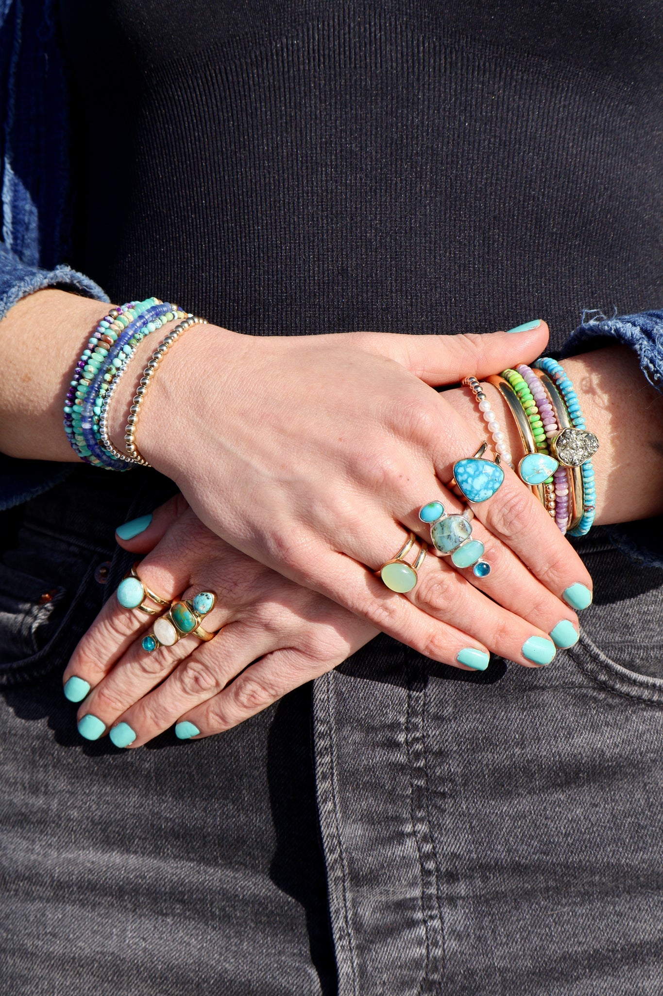 Winter Thaw Ring Neon Apatite, Peruvian Opal & Blue Ridge Turquoise in Gold Alchemia, Adjustable Size WT11