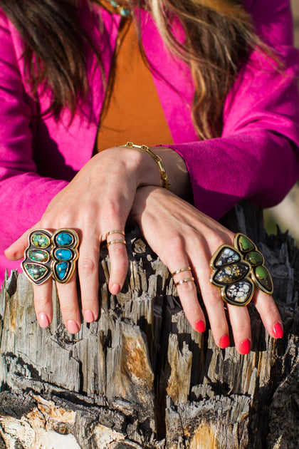 Hubei Turquoise Shadow Box Ring in Gold Alchemia- Adjustable Size