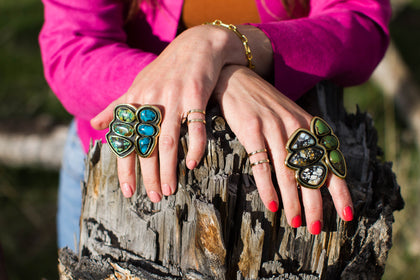 Hubei Turquoise Shadow Box Ring in Gold Alchemia- Adjustable Size