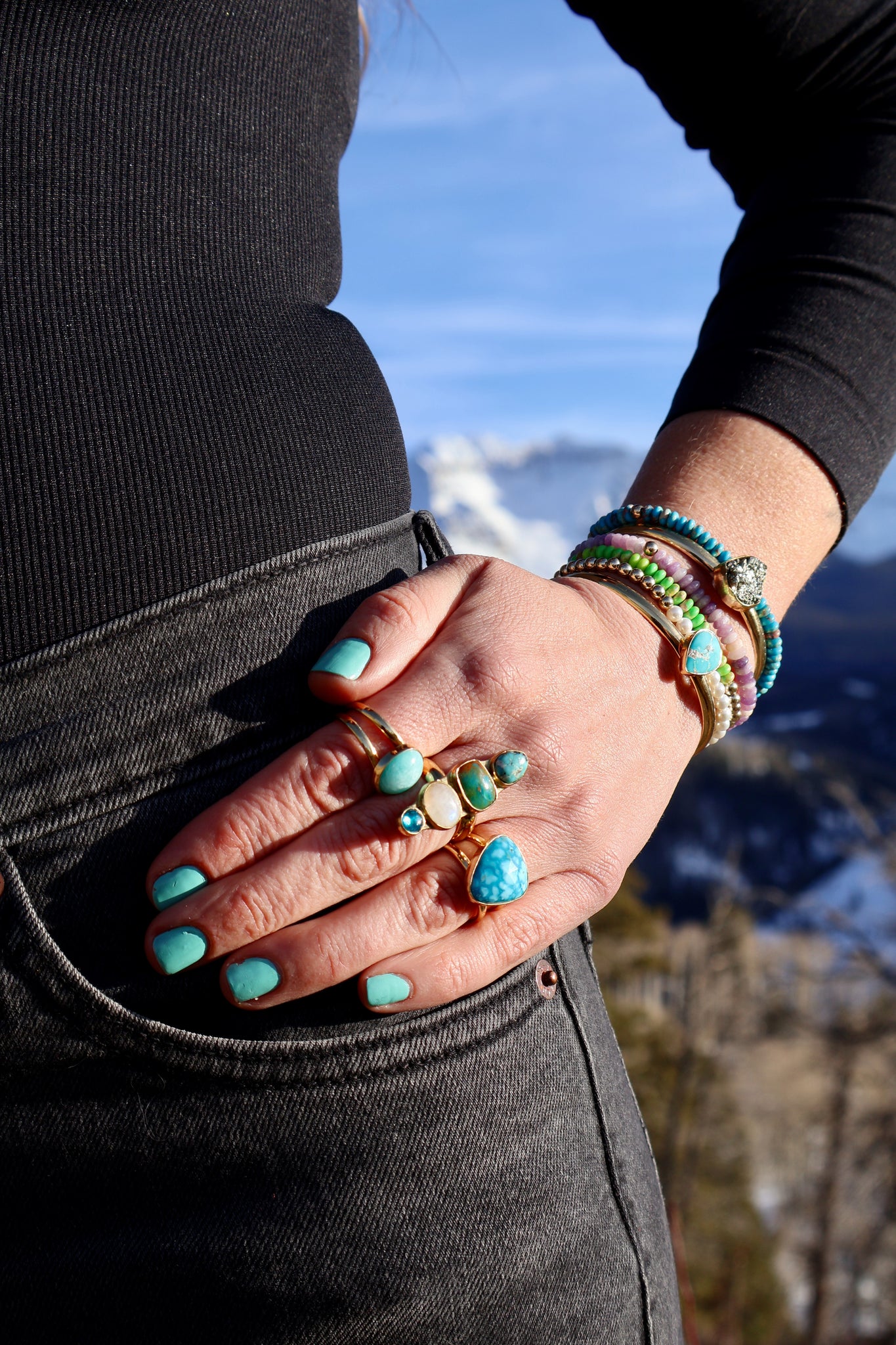 Winter Thaw Ring Peruvian Opal &  Turquoise in Gold Alchemia, Adjustable Size WT14