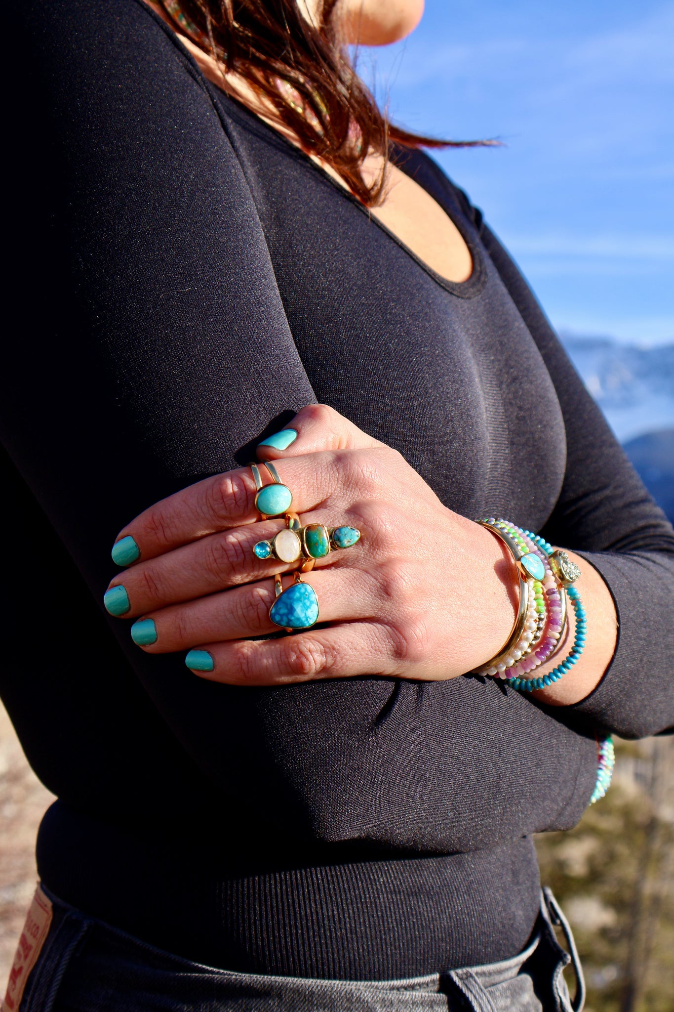 Winter Thaw Ring Chalcedony, Peruvian Opal &  Turquoise in Gold Alchemia, Adjustable Size WT12