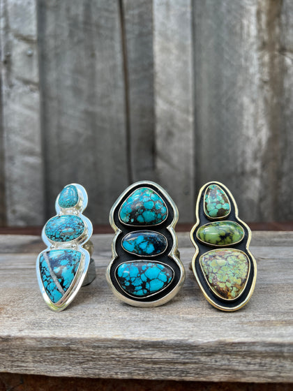 Triple Turquoise Ring in Sterling Silver Adjustable Band
