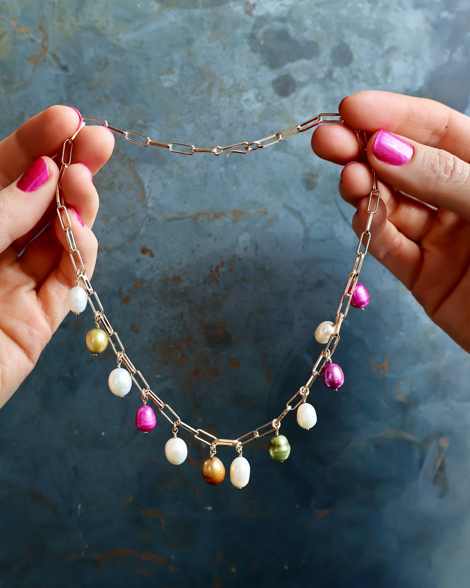 Multi Colored Pearl Necklace with Gold Fill paperclip chain