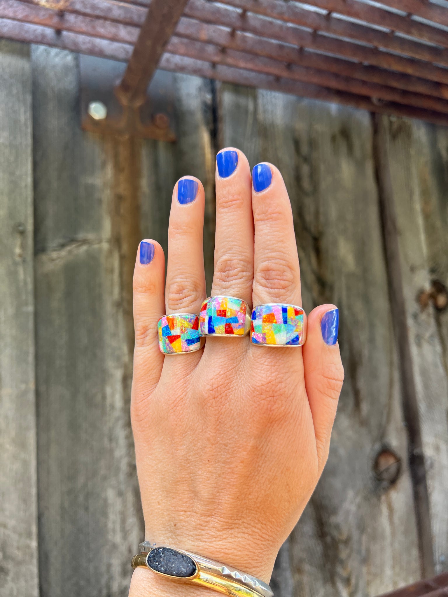 Rainbow Mosaic Signet Ring Sterling Silver & Opal