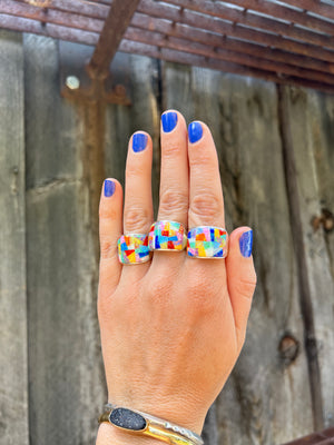 Rainbow Mosaic Signet Ring Sterling Silver & Opal