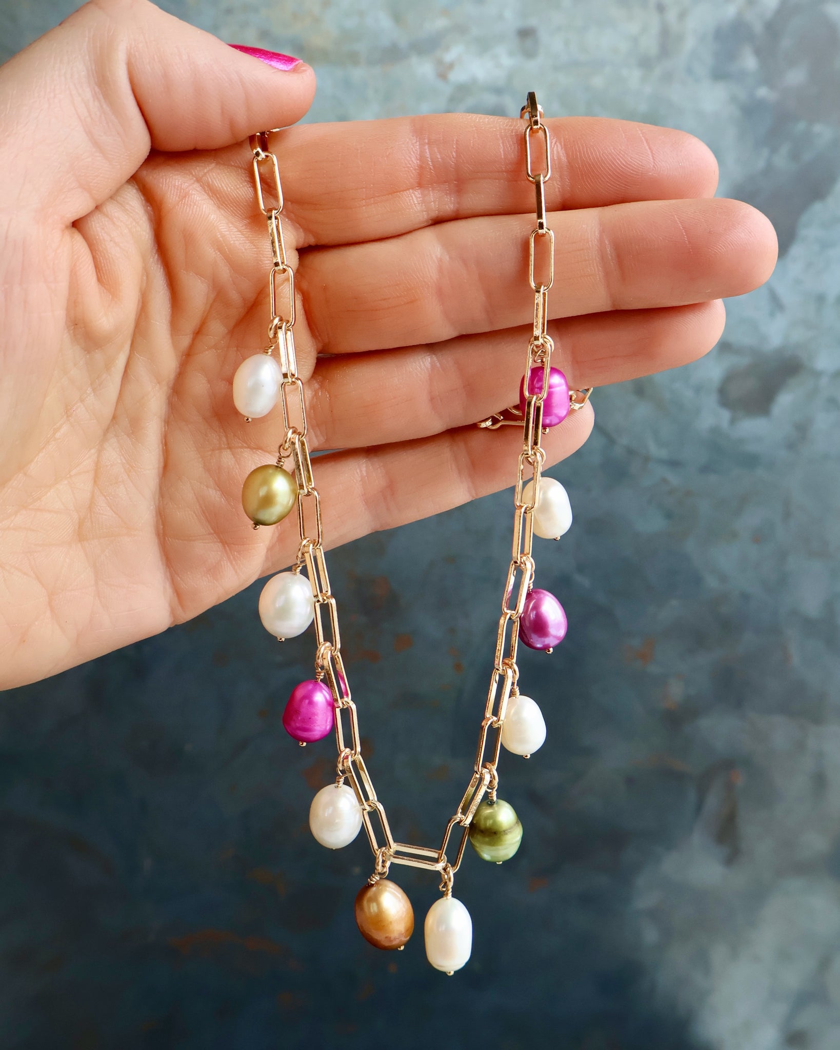 Multi Colored Pearl Necklace with Gold Fill paperclip chain