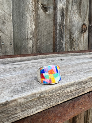 Rainbow Mosaic Signet Ring Sterling Silver & Opal