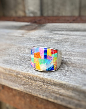 Rainbow Mosaic Signet Ring Sterling Silver & Opal