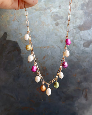 Multi Colored Pearl Necklace with Gold Fill paperclip chain