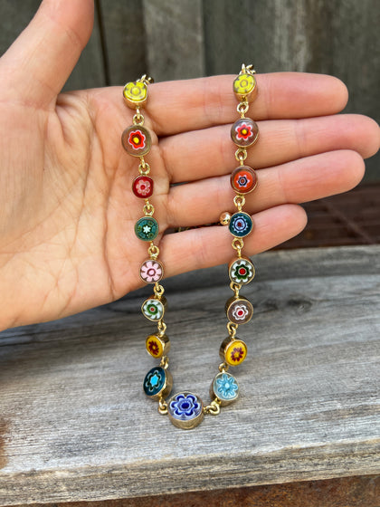 Millefiori Glass Flower Necklace in Gold Alchemia