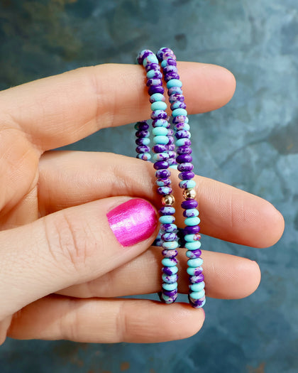 Winter Thaw  Purple Mojave Turquoise Gold Fill Bead Stretch Bracelet