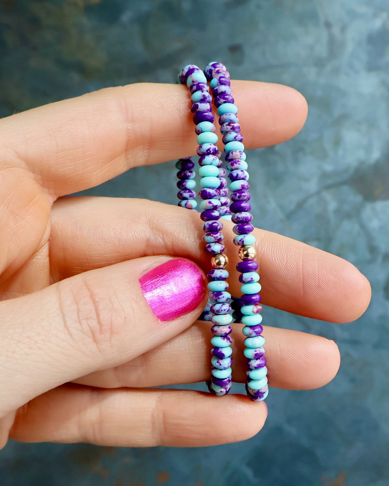 Winter Thaw  Purple Mojave Turquoise Gold Fill Bead Stretch Bracelet