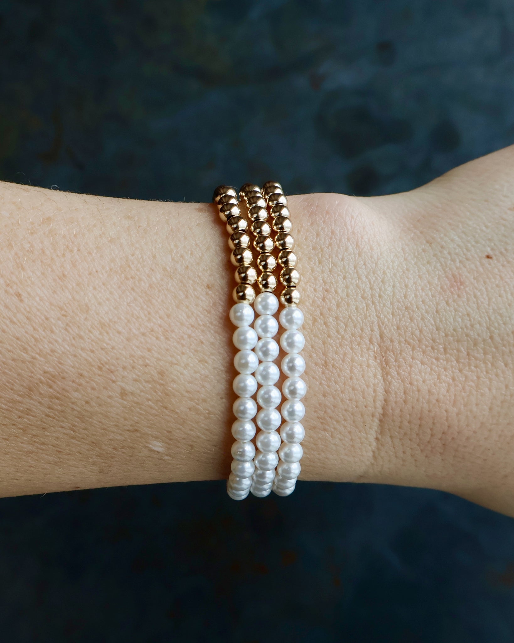 Winter Thaw  Half Pearl & Half Gold Fill Color Block Beaded Stretch Bracelet