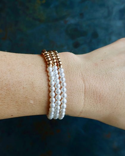 Winter Thaw  Half Pearl & Half Gold Fill Color Block Beaded Stretch Bracelet