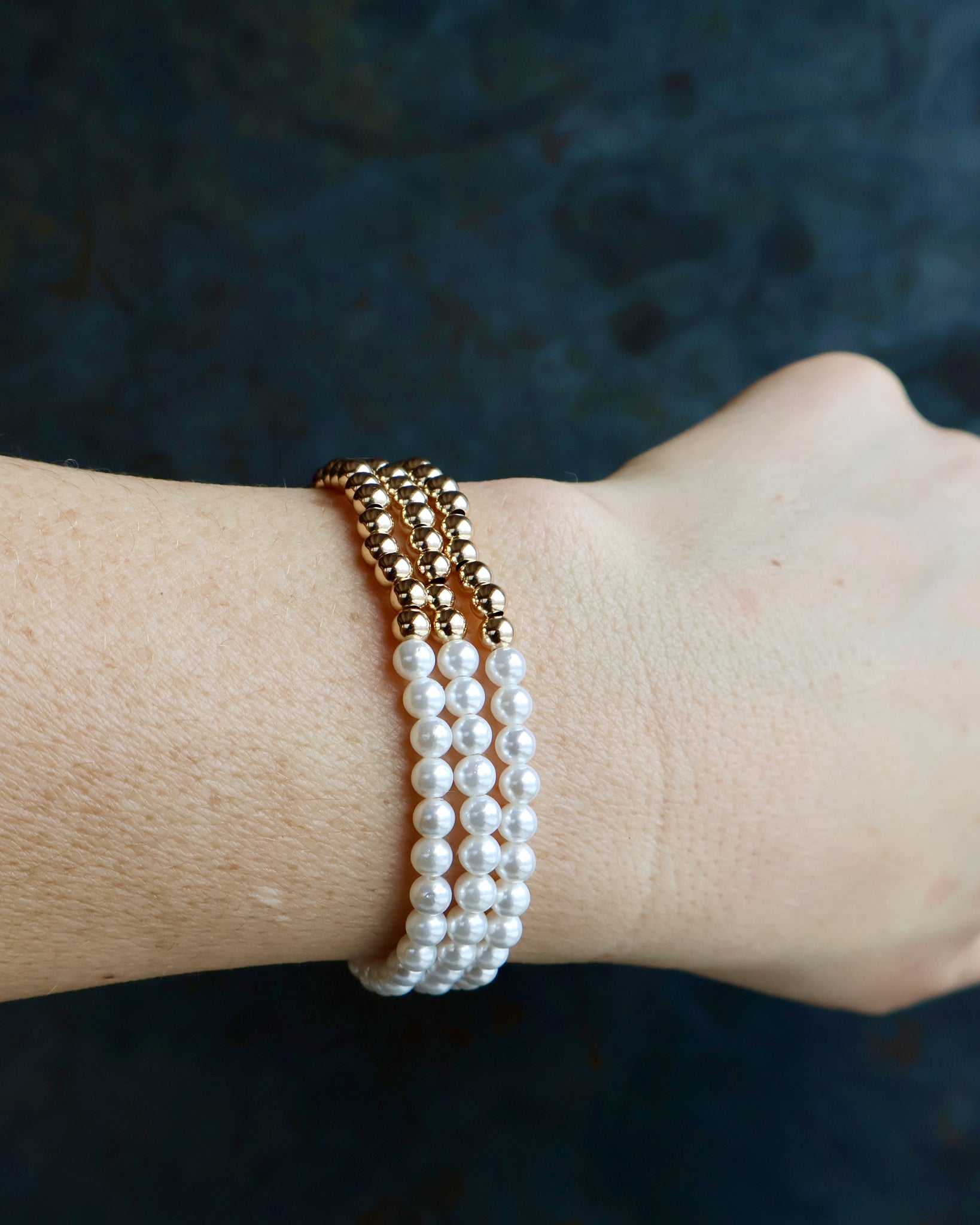 Winter Thaw  Half Pearl & Half Gold Fill Color Block Beaded Stretch Bracelet