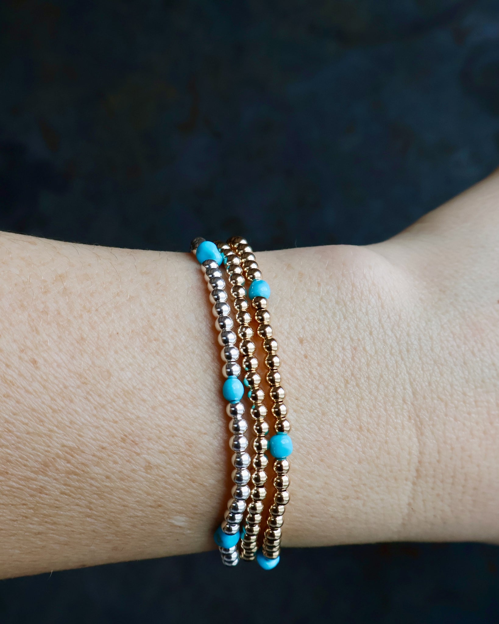 Winter Thaw Gold Fill or Sterling Silver with Turquoise Beaded Stretch Bracelet for Layering & Stacking