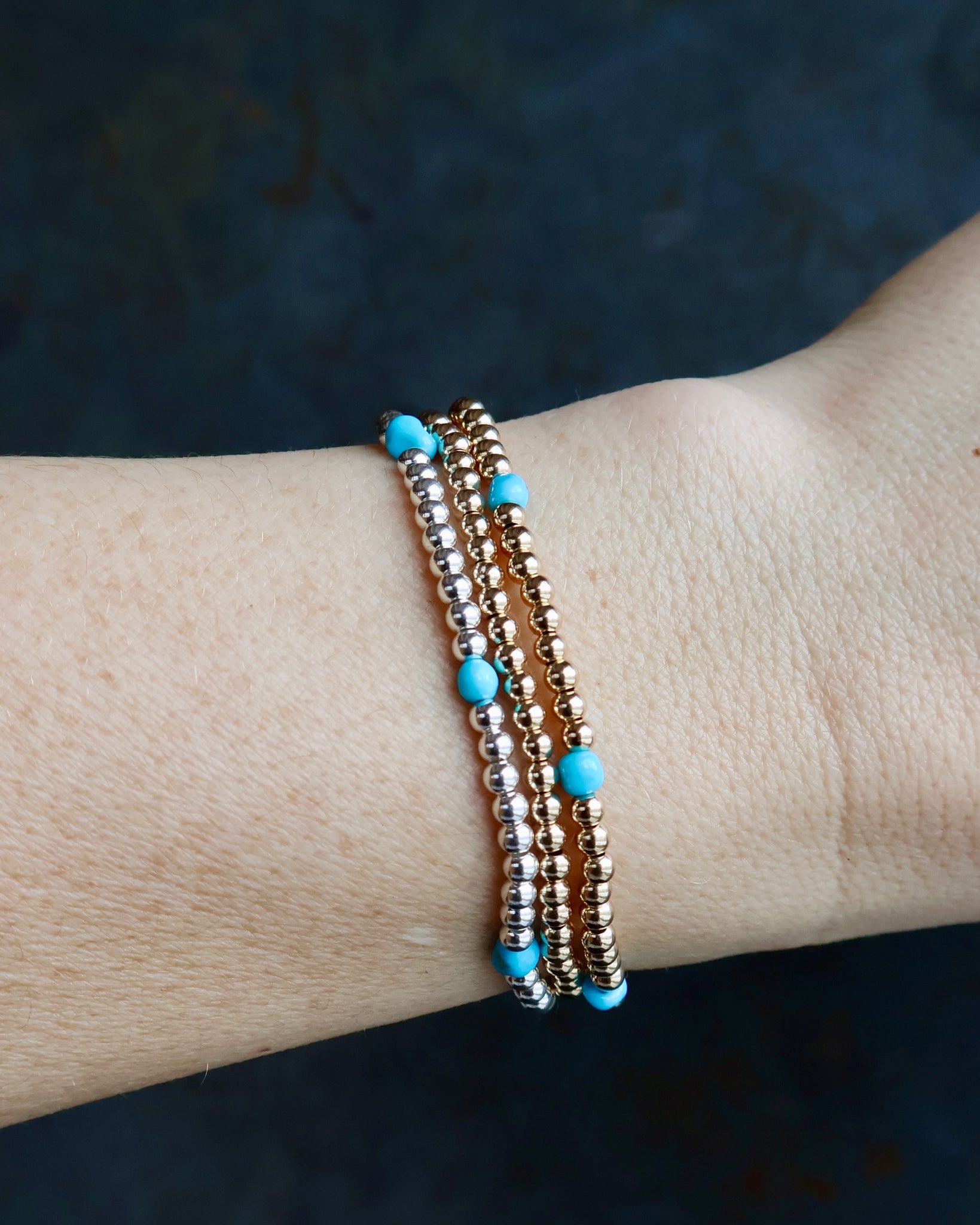 Winter Thaw Gold Fill or Sterling Silver with Turquoise Beaded Stretch Bracelet for Layering & Stacking